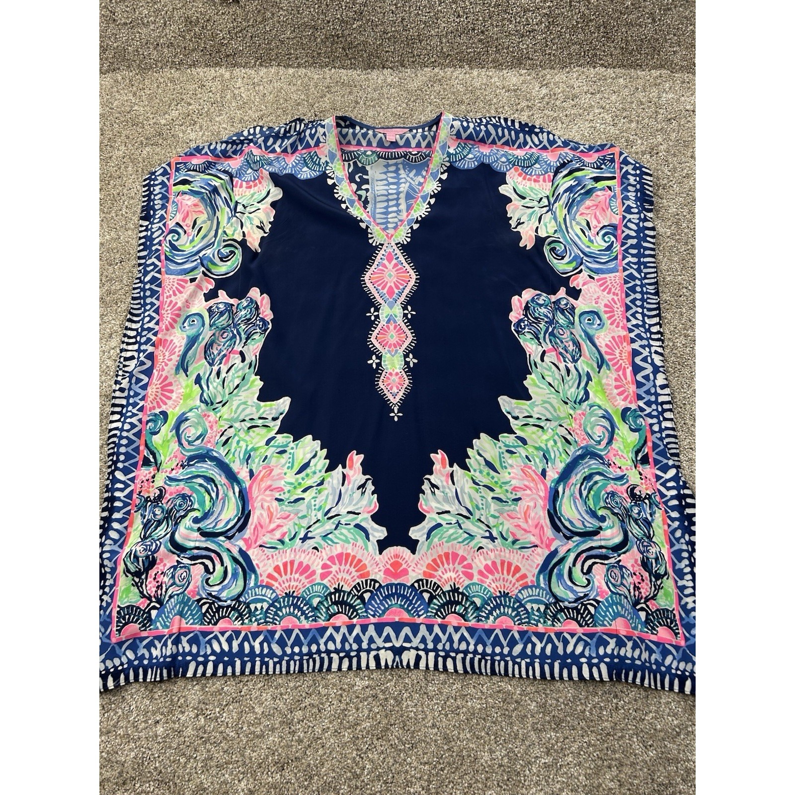 Lilly Pulitzer Size Xxs/Xs Atlin Silk Caftan *Seaglass Menagerie* Indigo